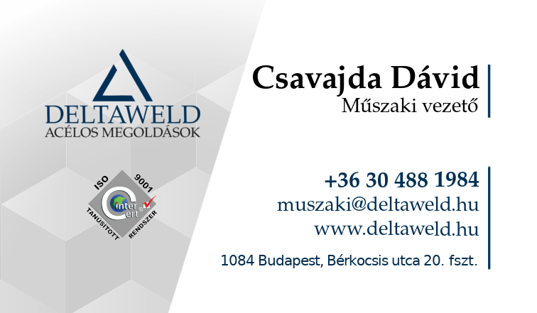 DELTAWELD Kft. - Csavajda Dávid, projektvezető névjegykártyája